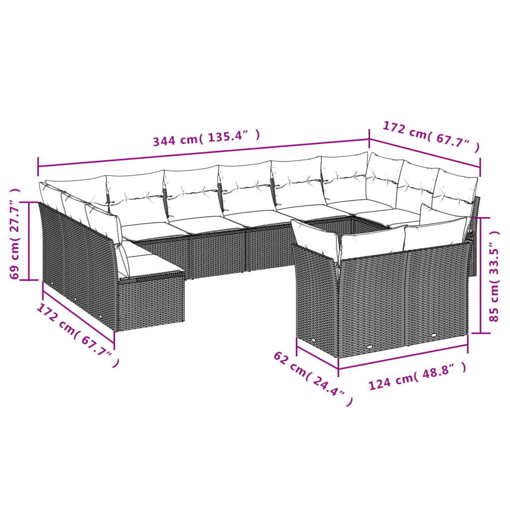 12 Pcs conjunto de sofás p/ jardim com almofadões vime PE bege