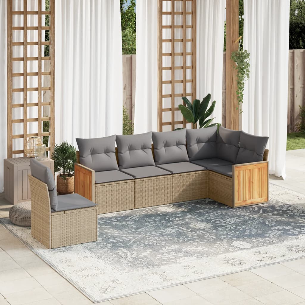 6 Pcs conjunto de sofás p/ jardim com almofadões vime PE bege