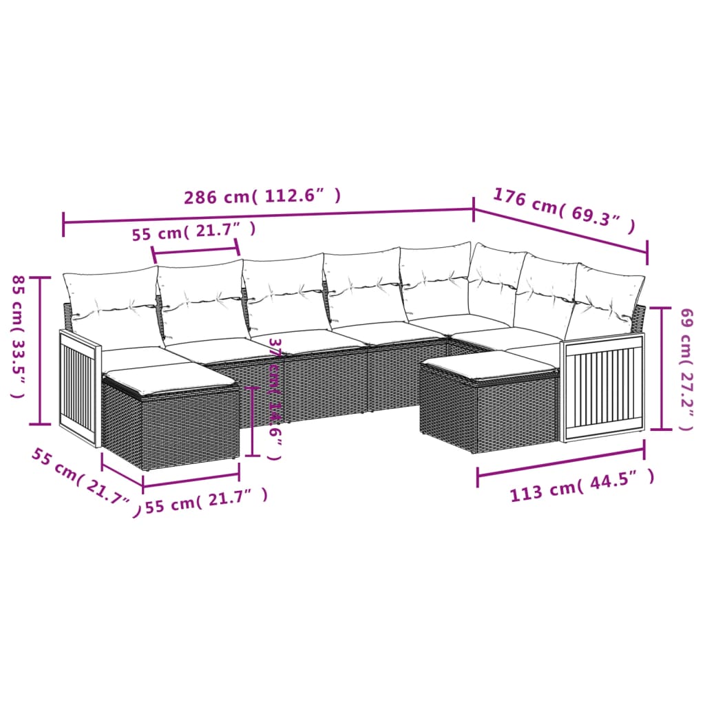 9 Pcs conjunto sofás p/ jardim com almofadões vime PE cinzento