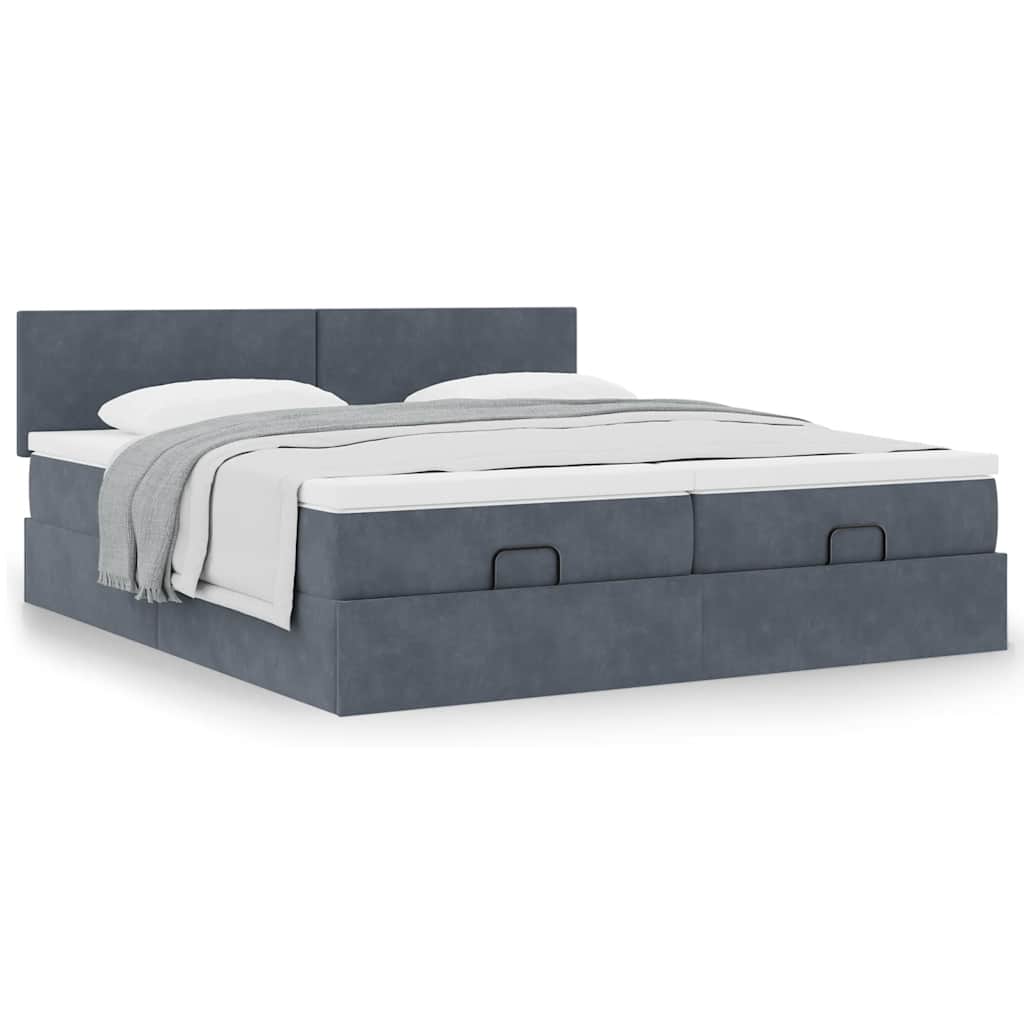 Moldura de cama otomana com colchão cinza escuro veludo