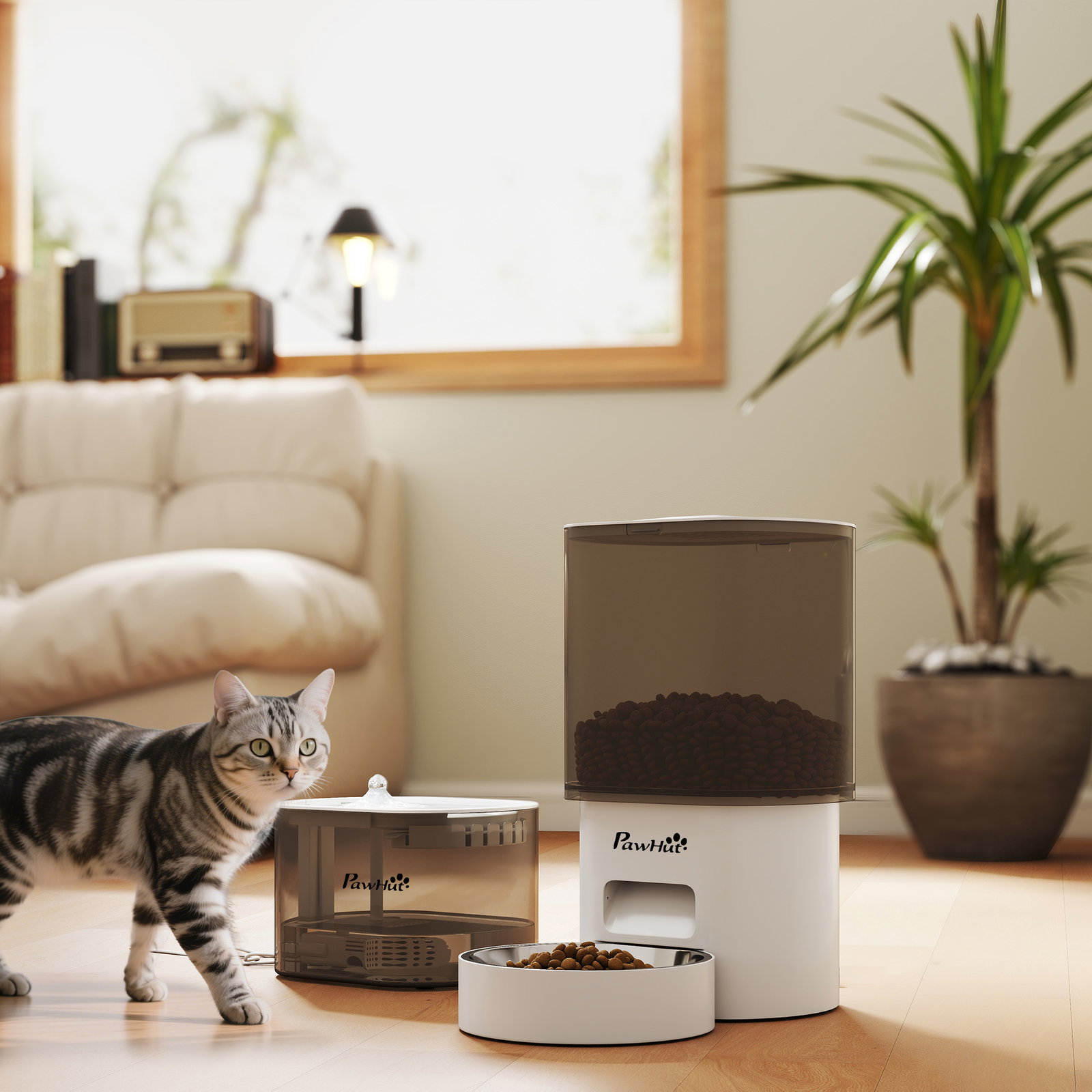 Conjunto de comedero automático e bebedouro silencioso para cães e gatos com controlo por app (1-10 refeições por dia) branco