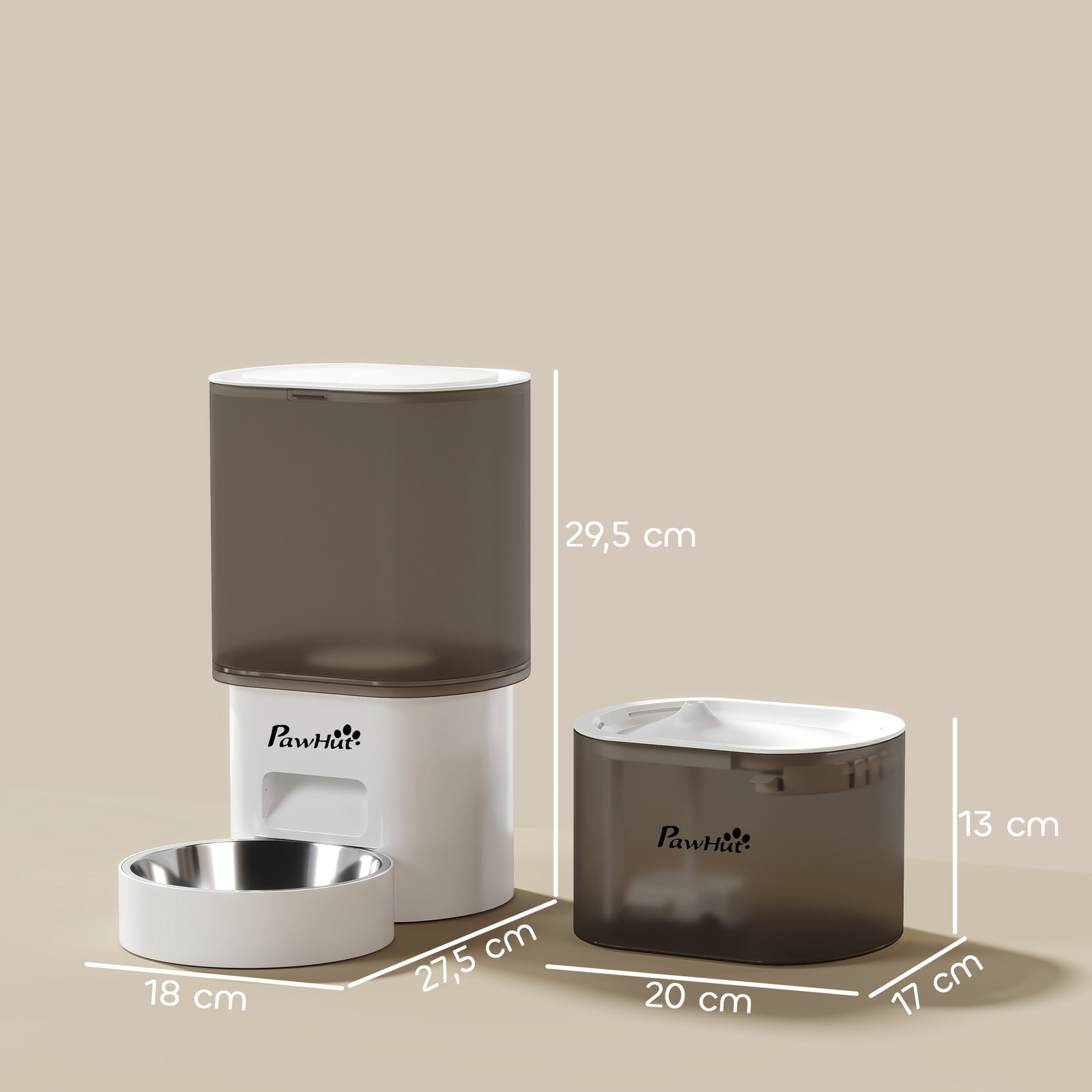 Conjunto de comedero automático e bebedouro silencioso para cães e gatos com controlo por app (1-10 refeições por dia) branco