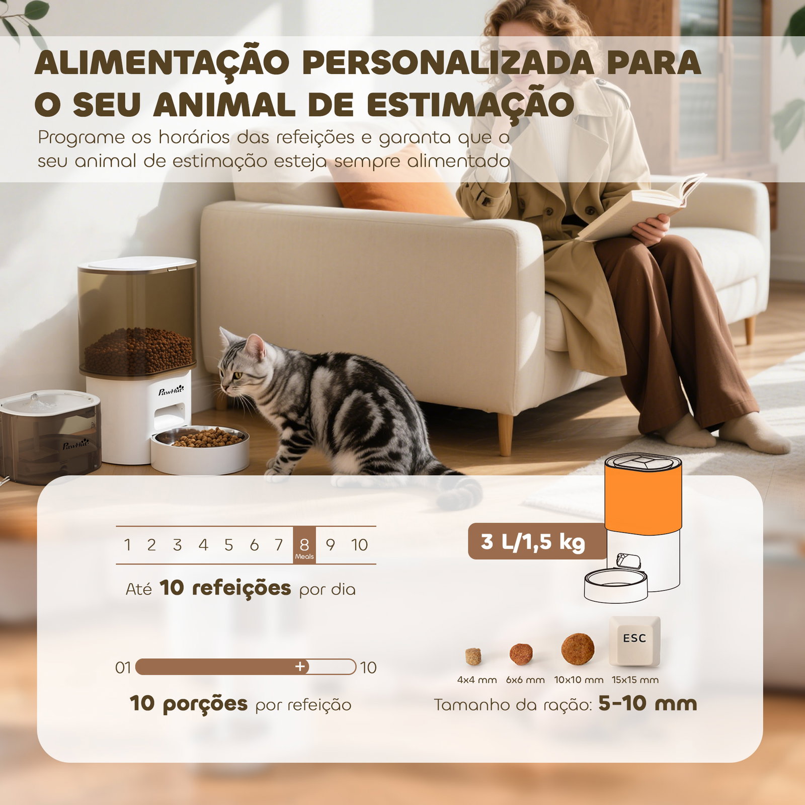 Conjunto de comedero automático e bebedouro silencioso para cães e gatos com controlo por app (1-10 refeições por dia) branco