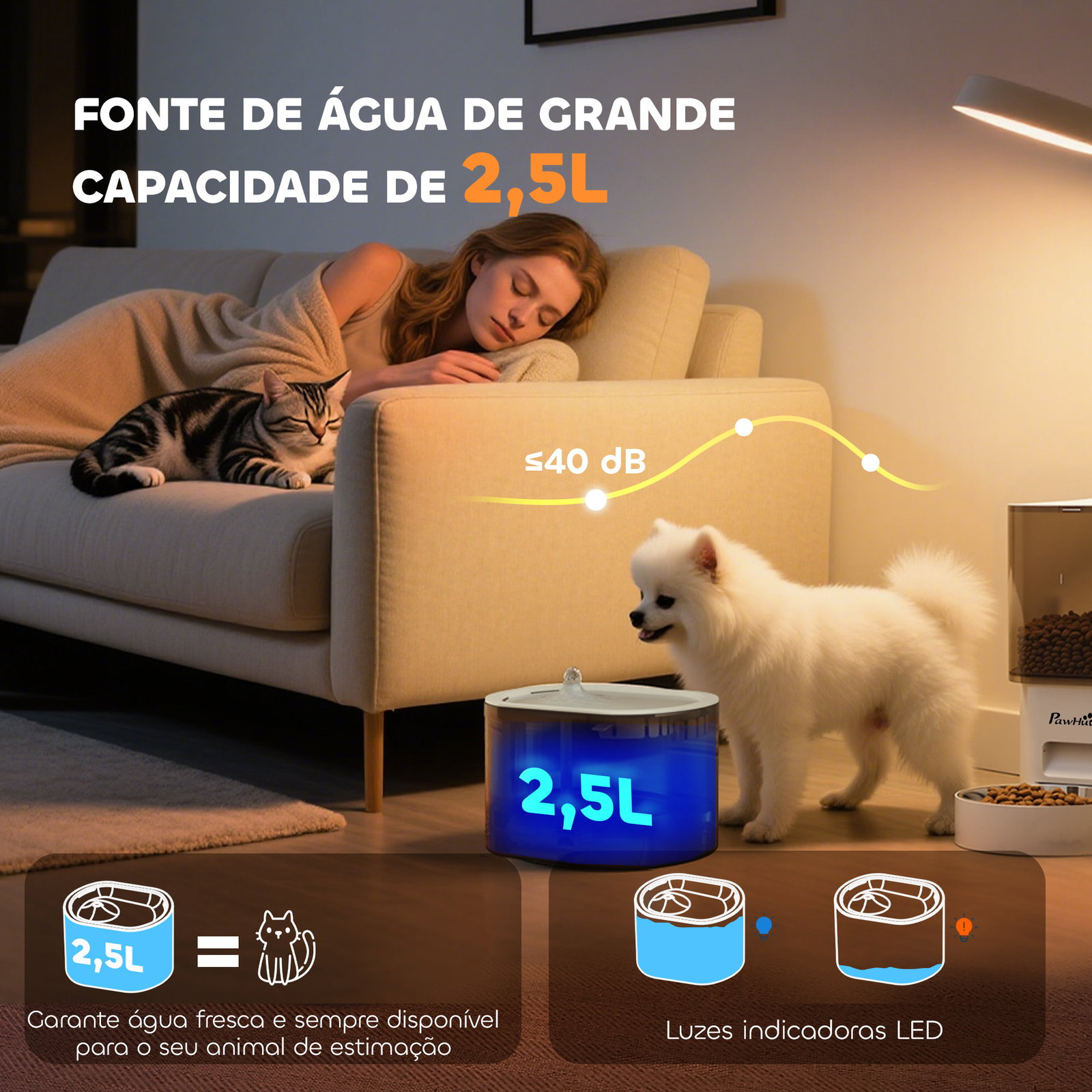 Conjunto de comedero automático e bebedouro silencioso para cães e gatos com controlo por app (1-10 refeições por dia) branco