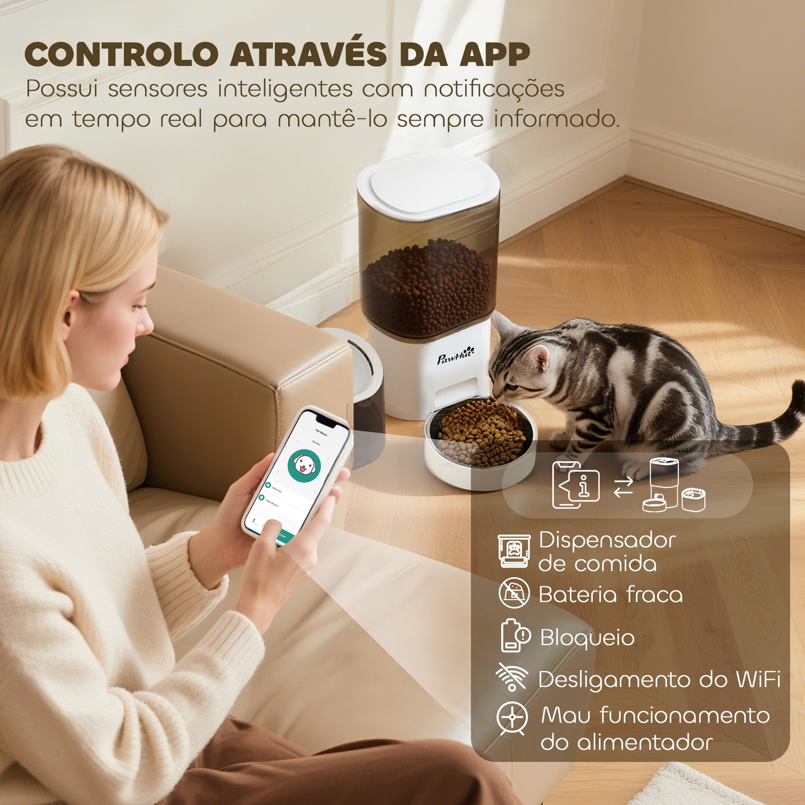 Conjunto de comedero automático e bebedouro silencioso para cães e gatos com controlo por app (1-10 refeições por dia) branco