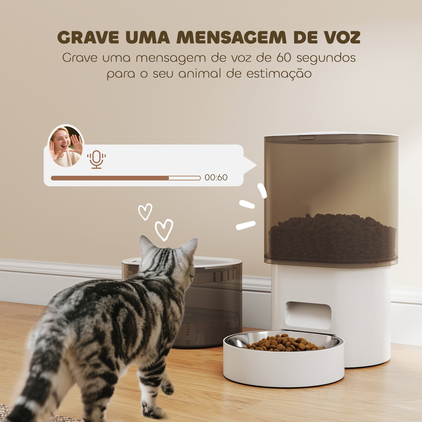 Conjunto de comedero automático e bebedouro silencioso para cães e gatos com controlo por app (1-10 refeições por dia) branco