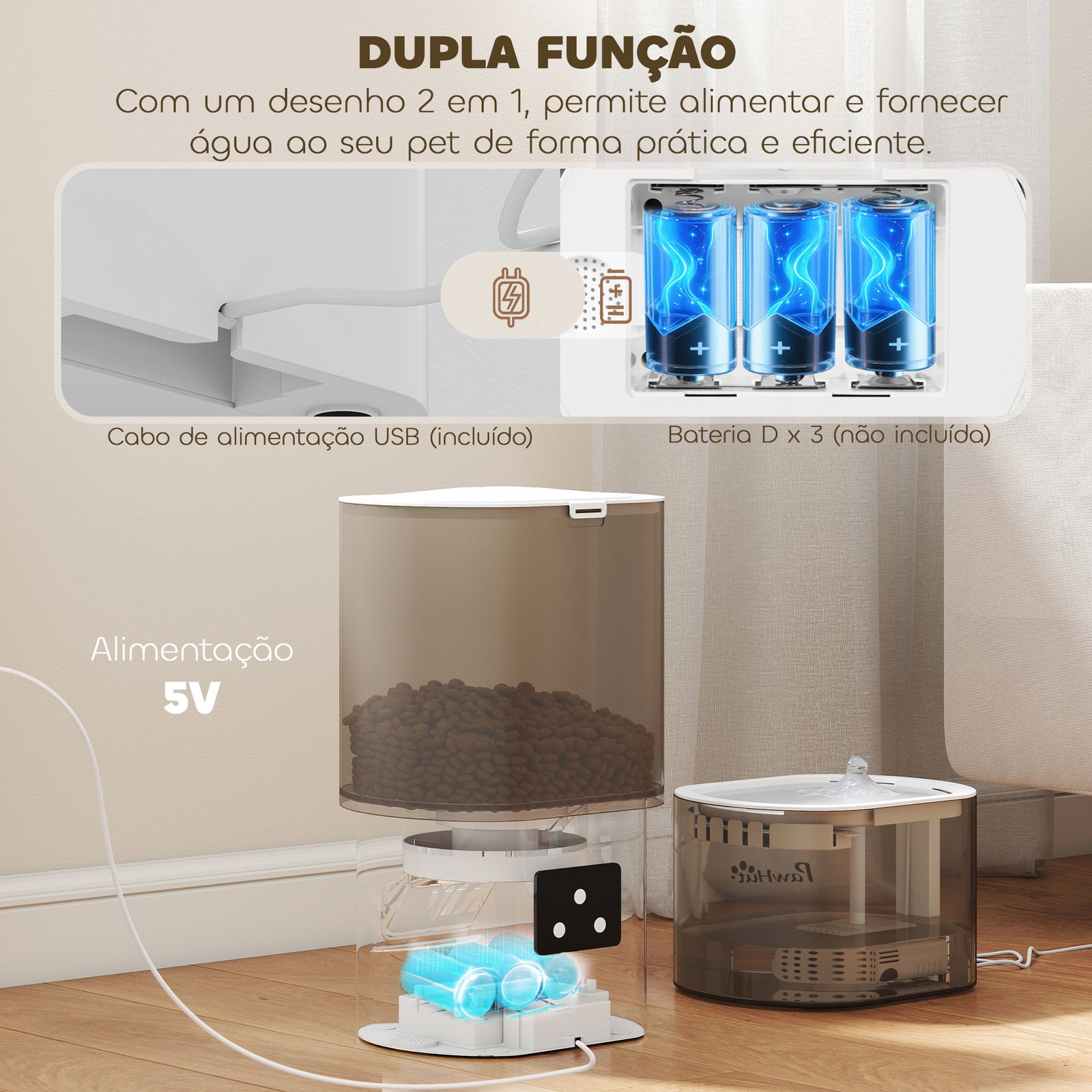Conjunto de comedero automático e bebedouro silencioso para cães e gatos com controlo por app (1-10 refeições por dia) branco