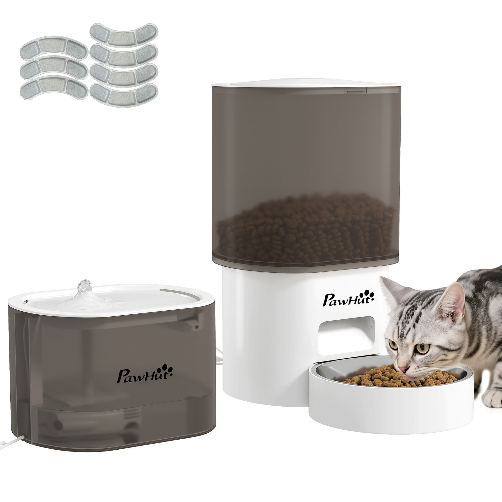 Conjunto de comedero automático e bebedouro silencioso para cães e gatos com controlo por app (1-10 refeições por dia) branco