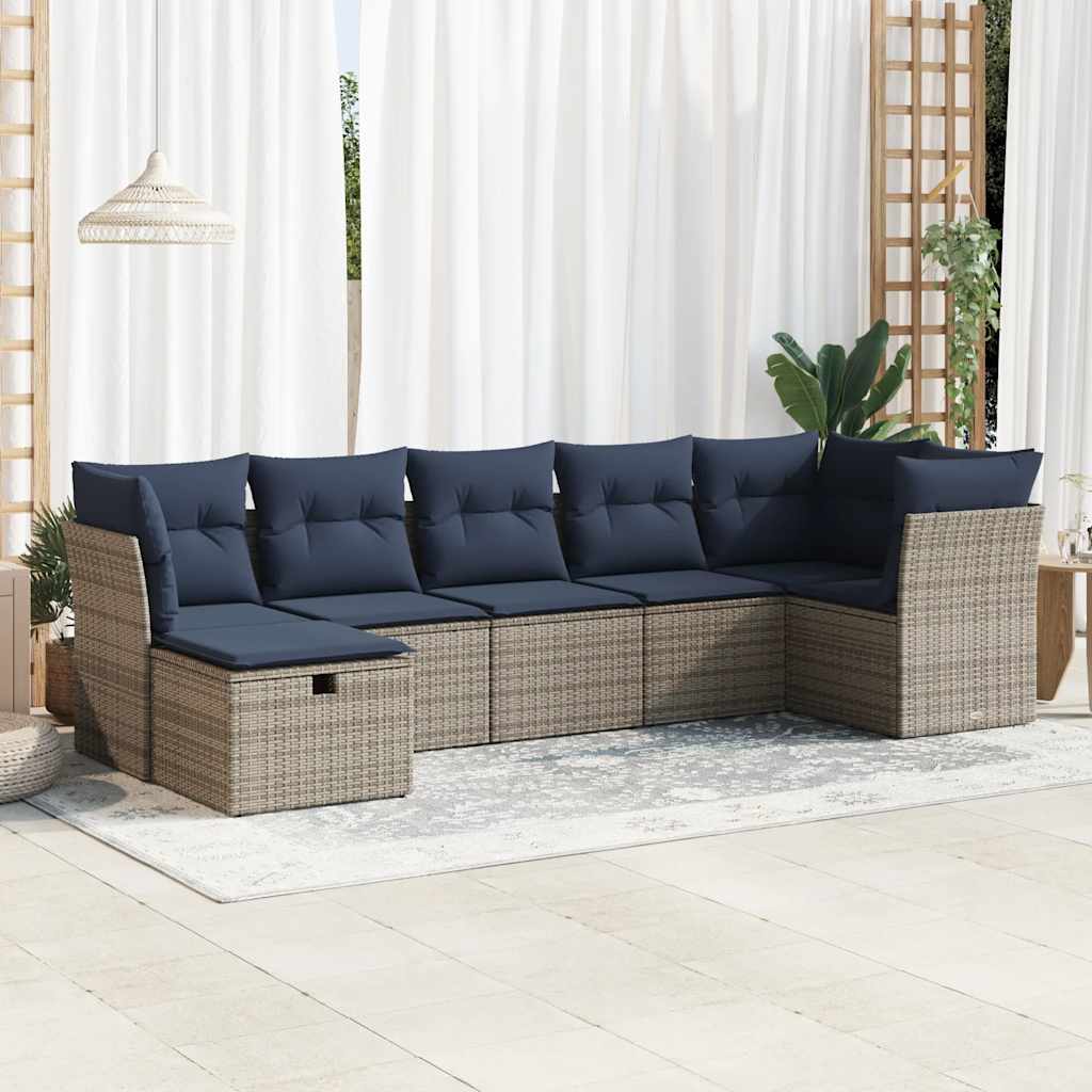7 Pcs conjunto sofás p/ jardim c/ almofadões vime PE cinzento