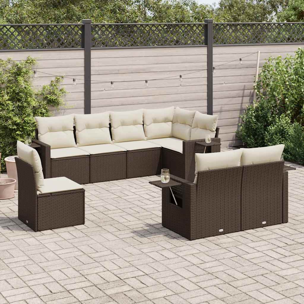 8 Pcs conjunto sofás de jardim c/ almofadões vime PE castanho