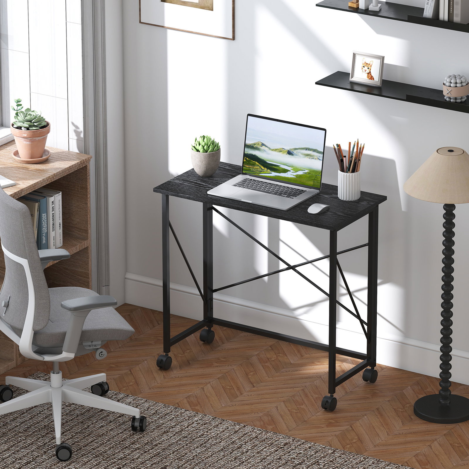 Secretária dobrável com rodas mesa de secretária compacta portátil para espaços pequenos 80x40x75 cm preto