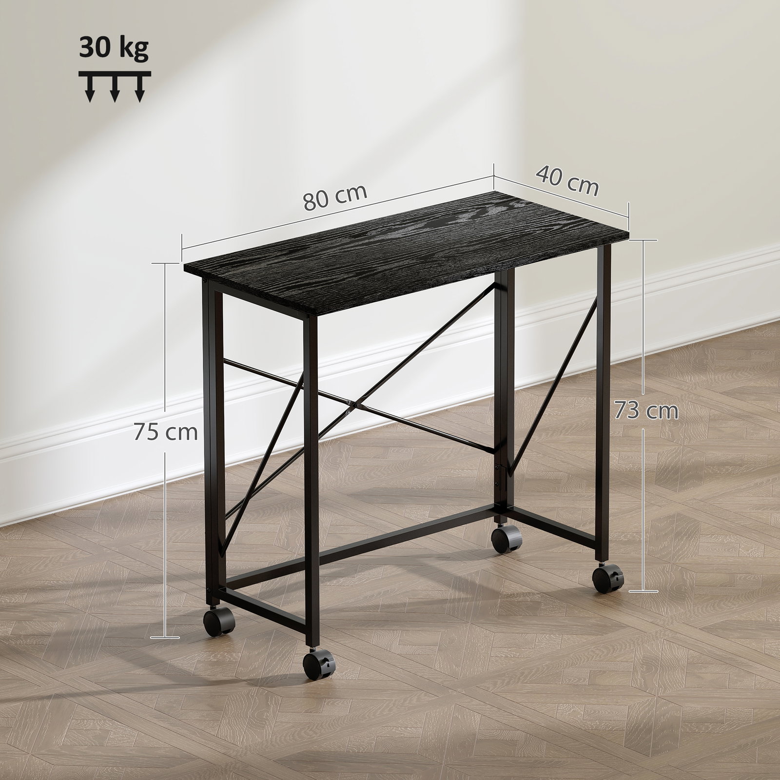 Secretária dobrável com rodas mesa de secretária compacta portátil para espaços pequenos 80x40x75 cm preto