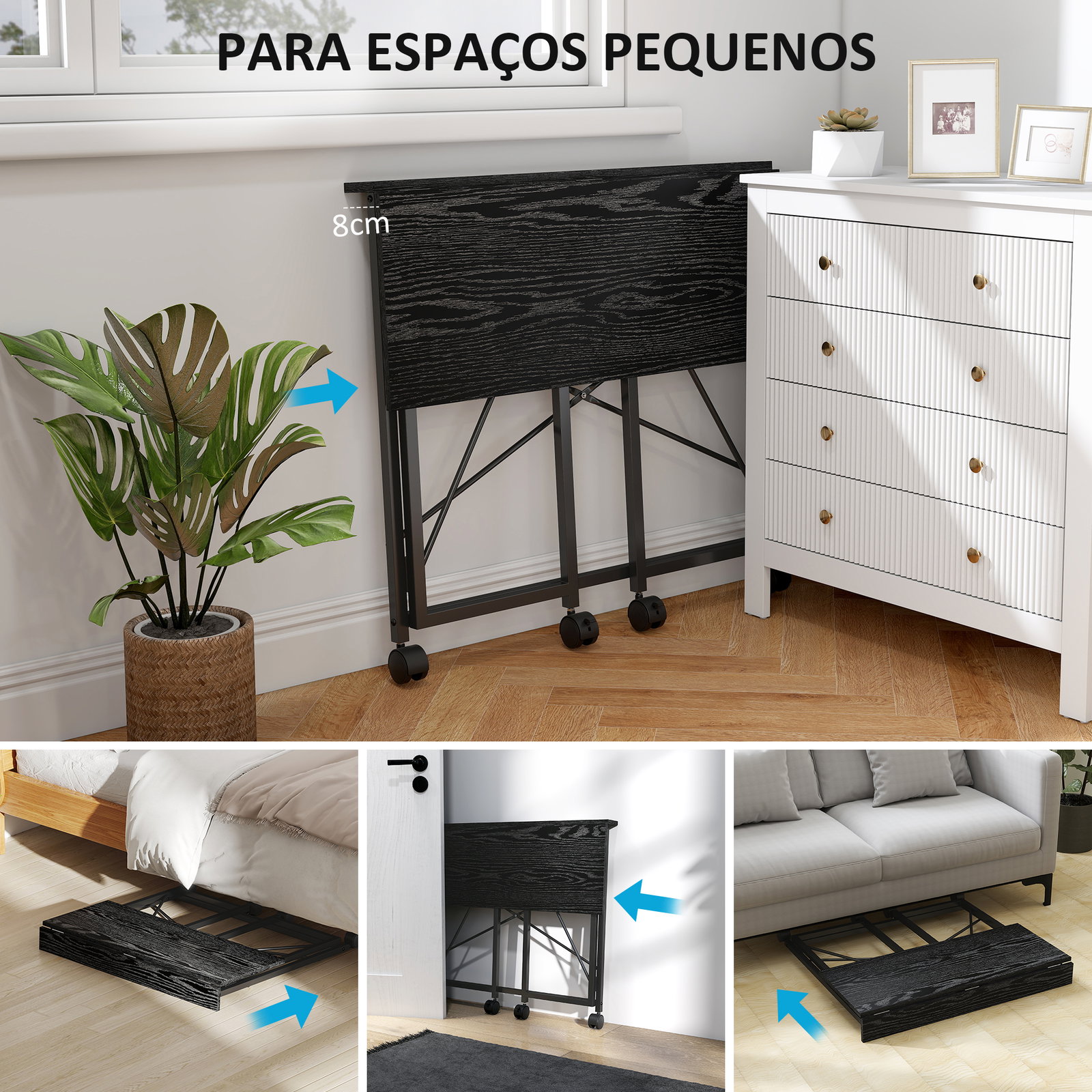 Secretária dobrável com rodas mesa de secretária compacta portátil para espaços pequenos 80x40x75 cm preto