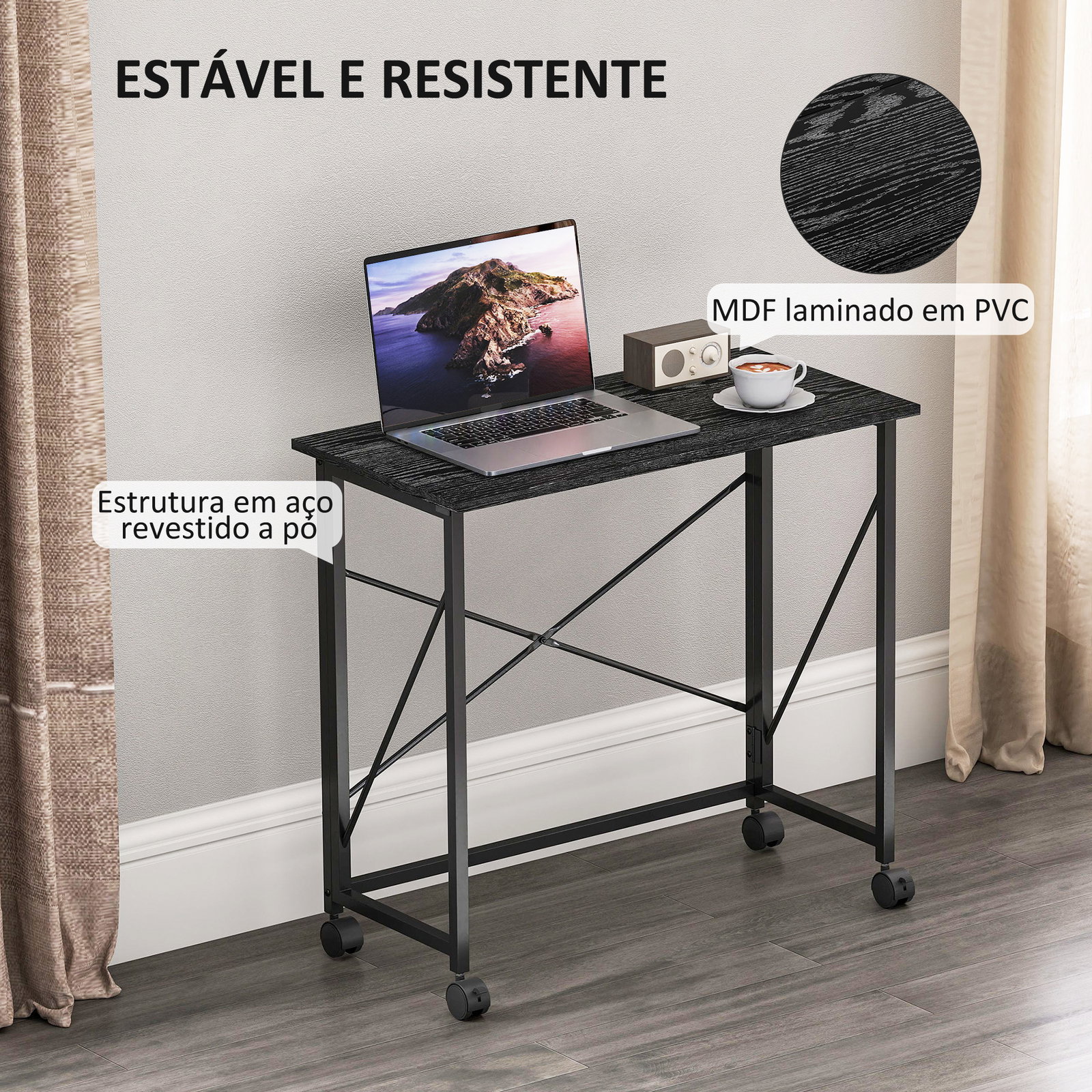 Secretária dobrável com rodas mesa de secretária compacta portátil para espaços pequenos 80x40x75 cm preto