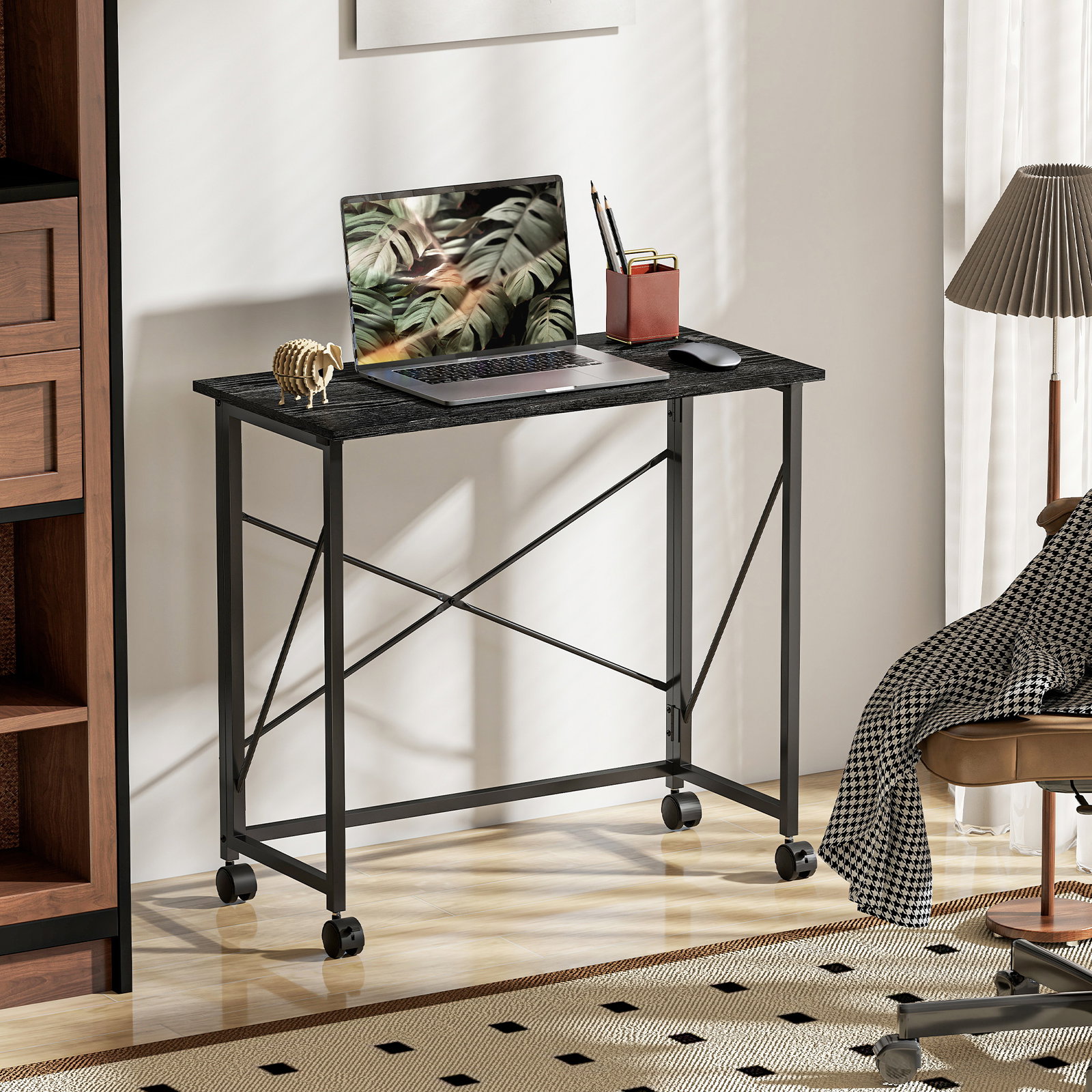 Secretária dobrável com rodas mesa de secretária compacta portátil para espaços pequenos 80x40x75 cm preto