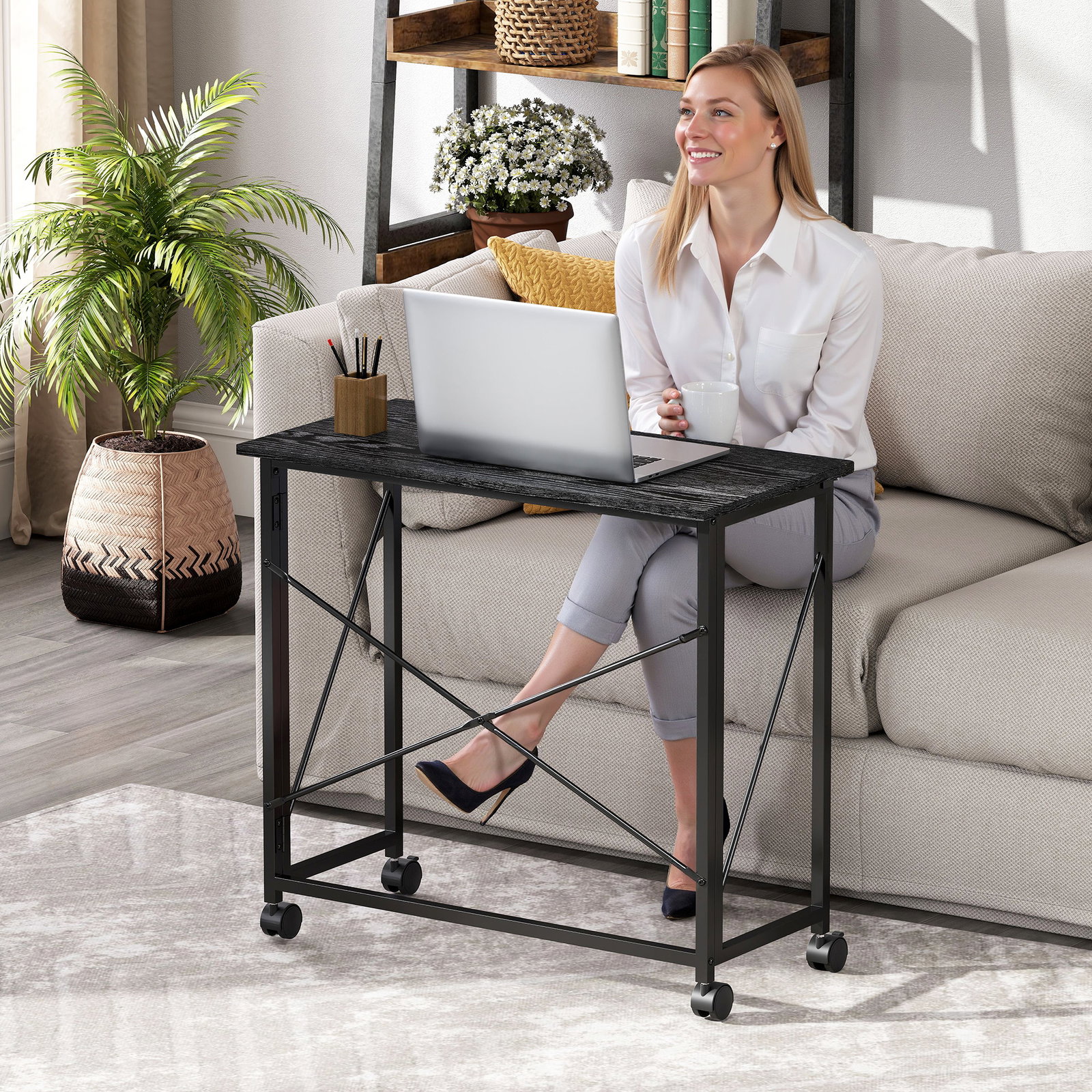 Secretária dobrável com rodas mesa de secretária compacta portátil para espaços pequenos 80x40x75 cm preto
