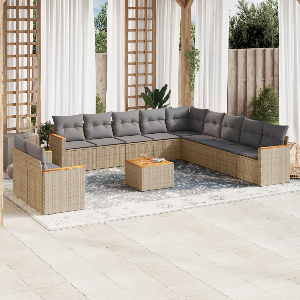 12 Pcs conjunto de sofás p/ jardim com almofadões vime PE bege