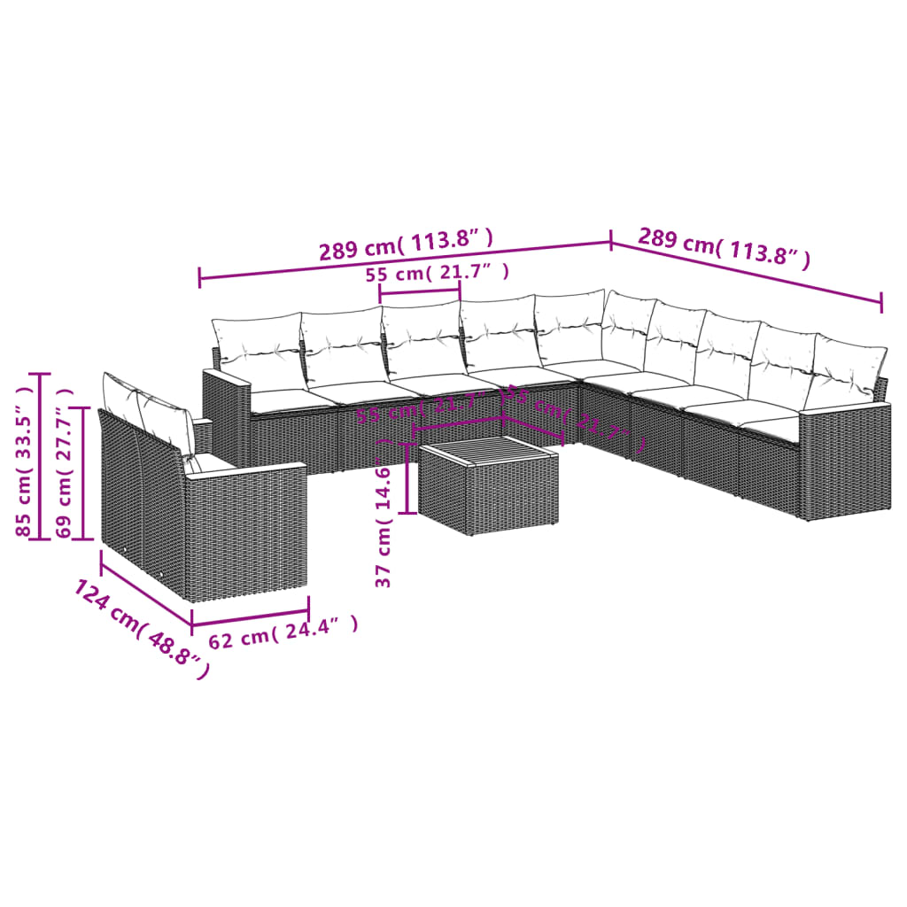 12 Pcs conjunto de sofás p/ jardim com almofadões vime PE bege