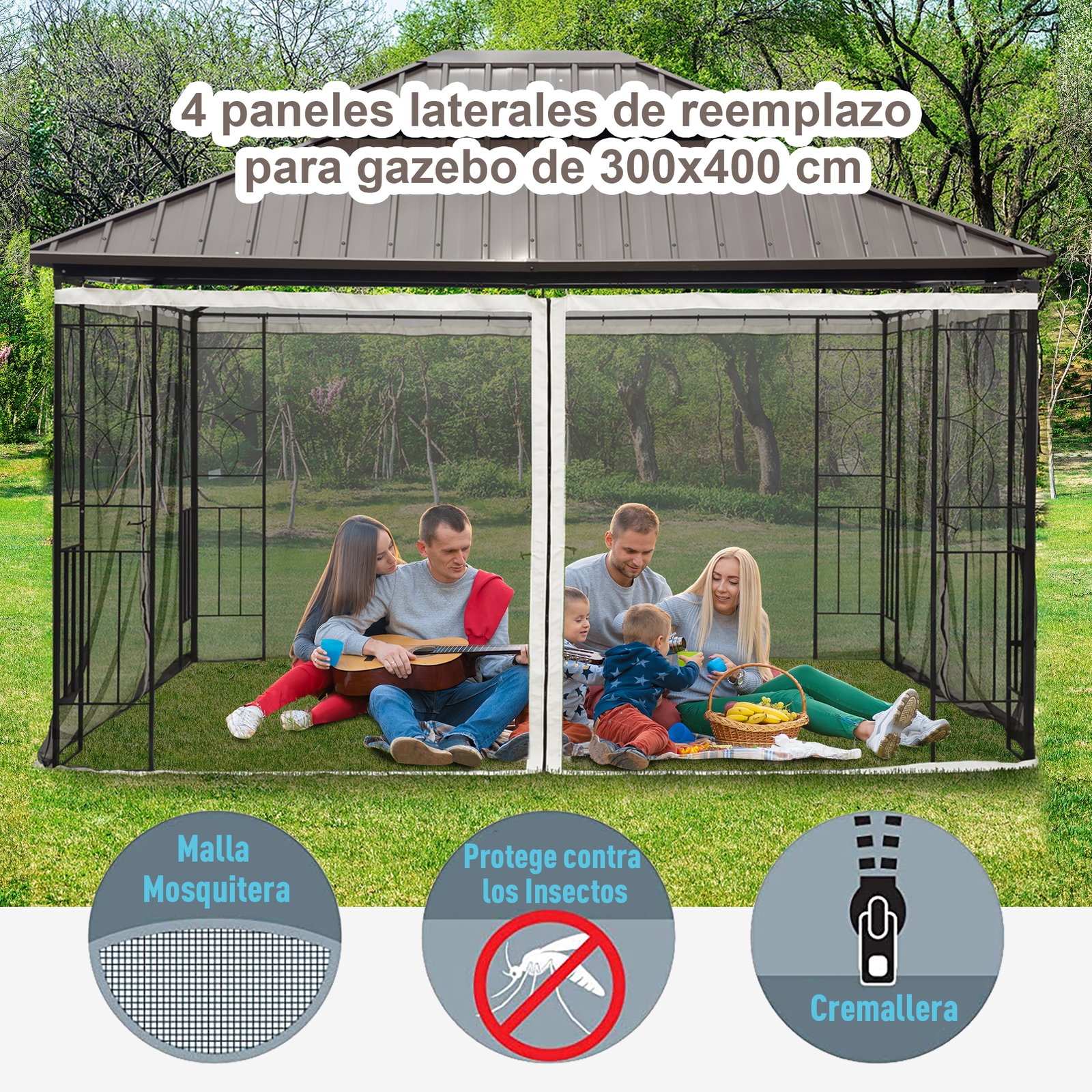4 Painéis laterais 352x207 cm para pérgola de jardim mosquiteira com zíperes e anéis preto