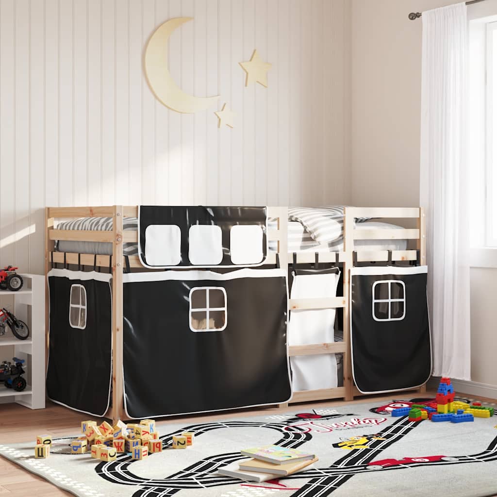 Beliche com cortinas 80x200 cm pinho maciço branco e preto