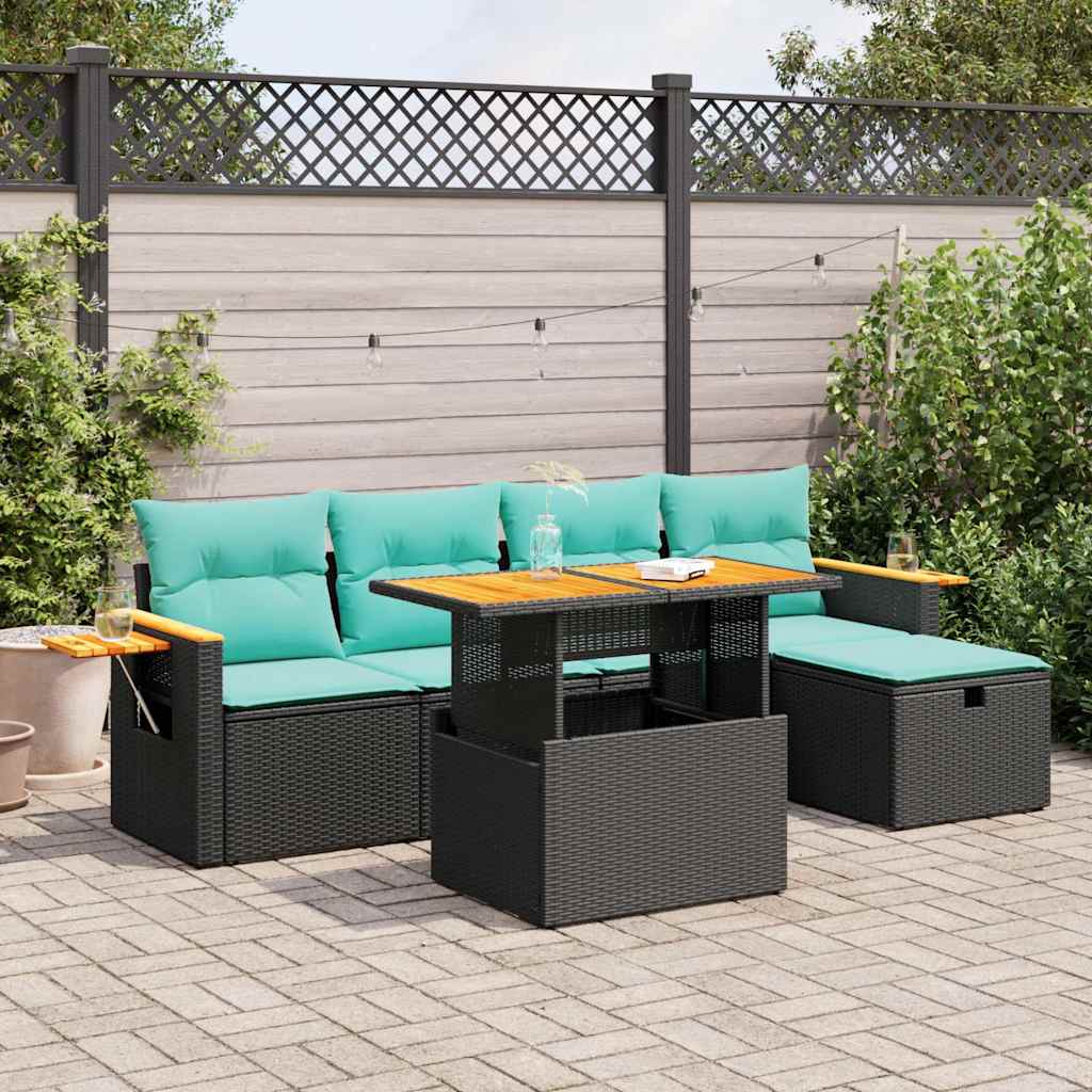 6 Pcs conjunto sofás jardim c/ almofadões vime PE/acácia preto