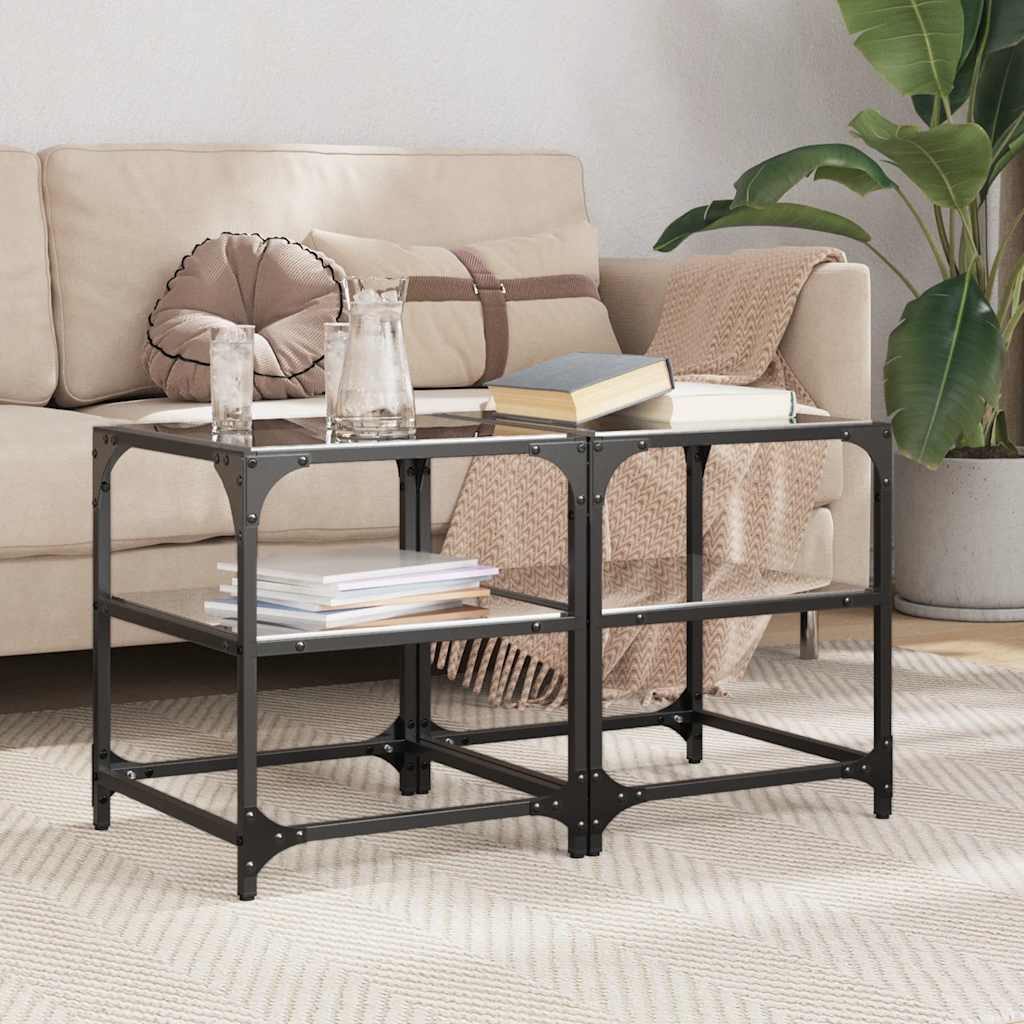 Mesas de centro c/ topo em vidro preto 2 pcs 40x40x45 cm aço