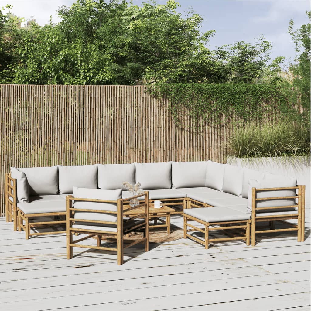 12Pcs conj. lounge de jardim bambu c/ almofadões cinzento-claro