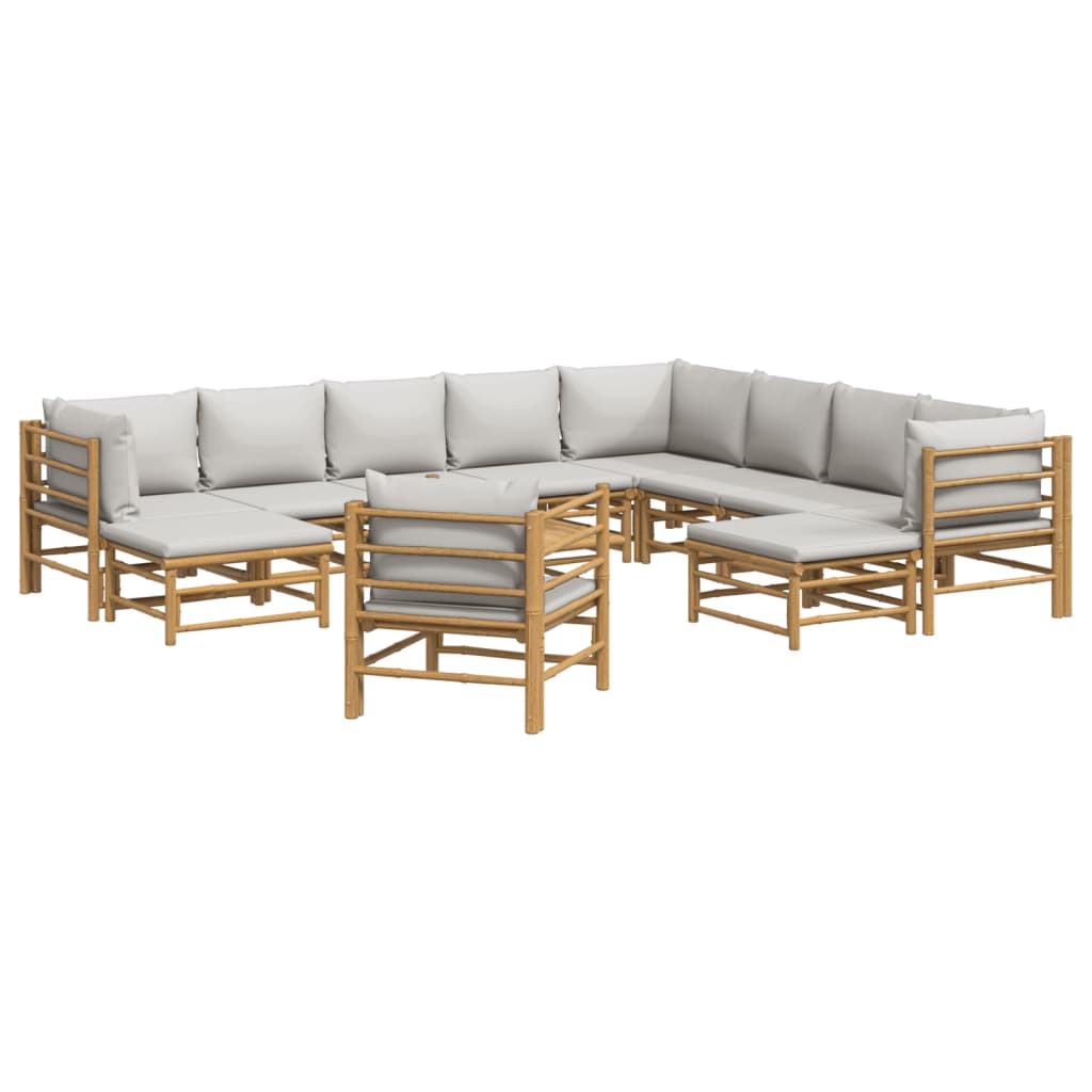 12Pcs conj. lounge de jardim bambu c/ almofadões cinzento-claro