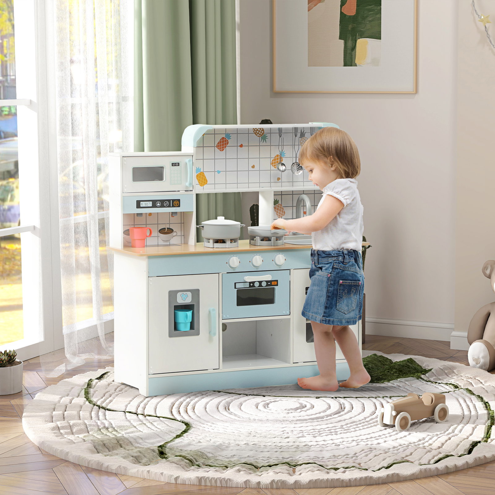 Cozinha de madeira para crianças com sons lavatório micro-ondas máquina de gelo e acessórios 88,6x31,7x90,4 cm branco