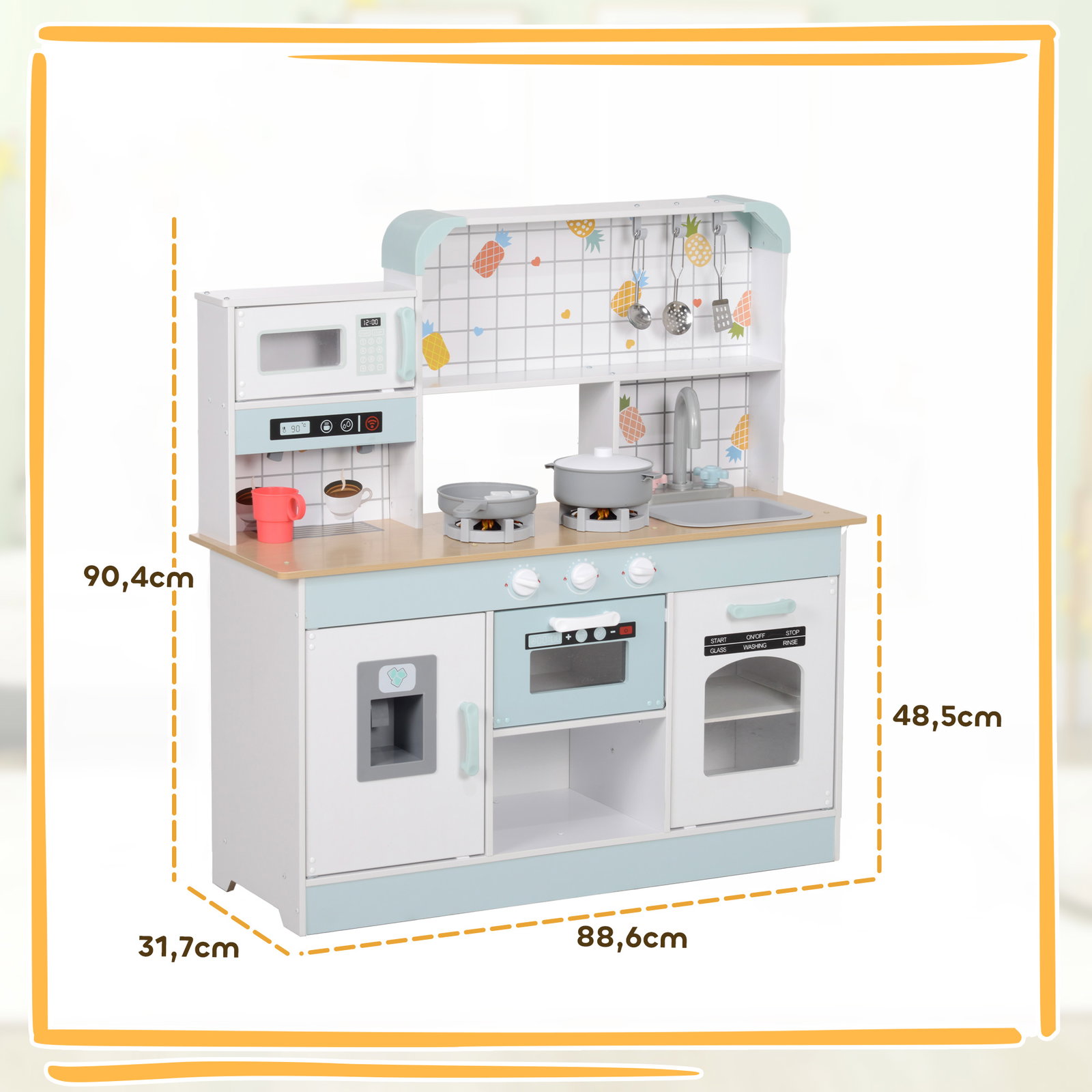 Cozinha de madeira para crianças com sons lavatório micro-ondas máquina de gelo e acessórios 88,6x31,7x90,4 cm branco