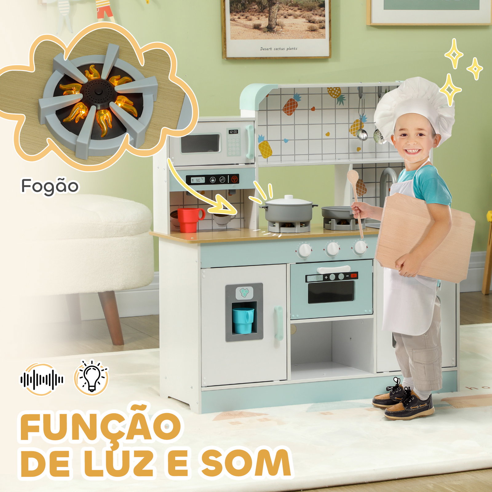 Cozinha de madeira para crianças com sons lavatório micro-ondas máquina de gelo e acessórios 88,6x31,7x90,4 cm branco