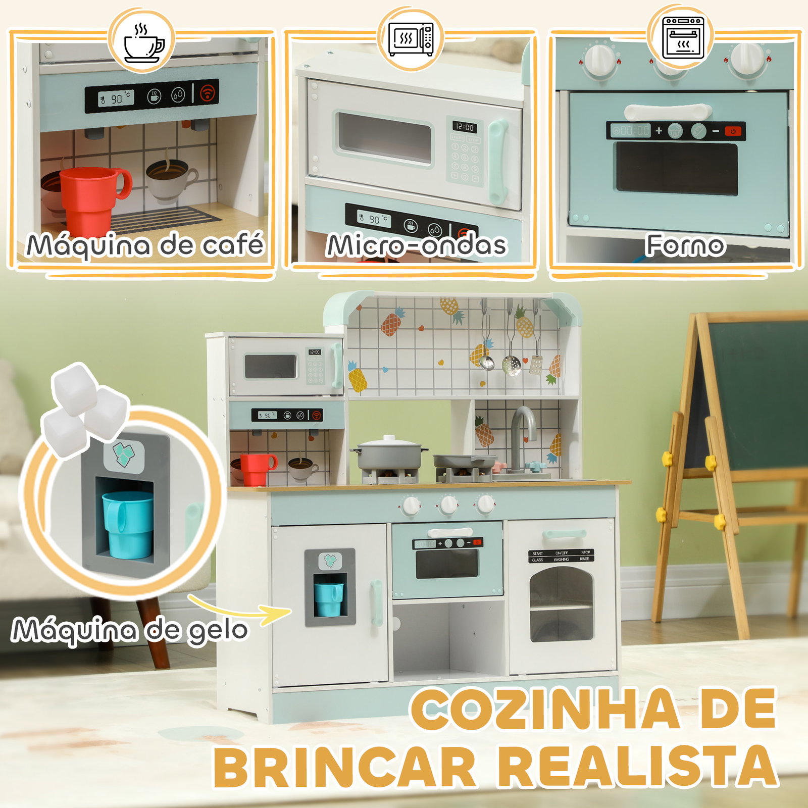 Cozinha de madeira para crianças com sons lavatório micro-ondas máquina de gelo e acessórios 88,6x31,7x90,4 cm branco