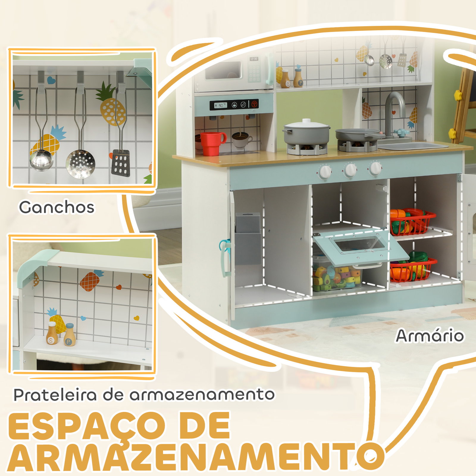 Cozinha de madeira para crianças com sons lavatório micro-ondas máquina de gelo e acessórios 88,6x31,7x90,4 cm branco