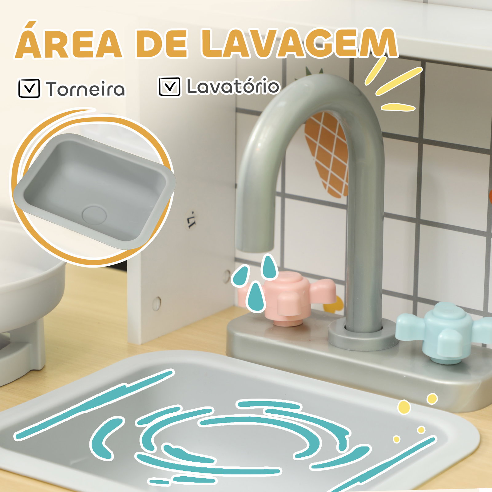 Cozinha de madeira para crianças com sons lavatório micro-ondas máquina de gelo e acessórios 88,6x31,7x90,4 cm branco