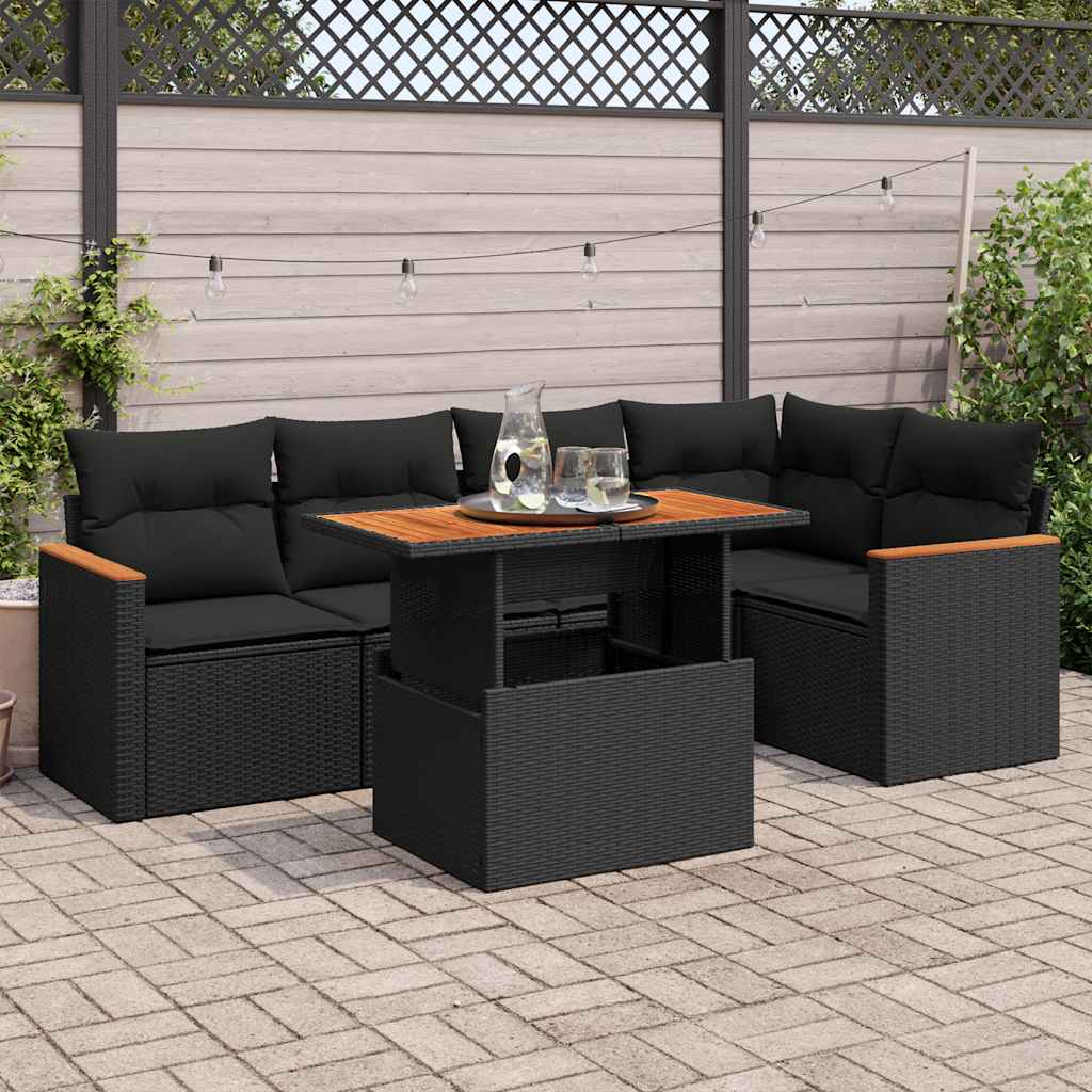 6 Pcs conjunto sofás jardim c/ almofadões vime PE/acácia preto