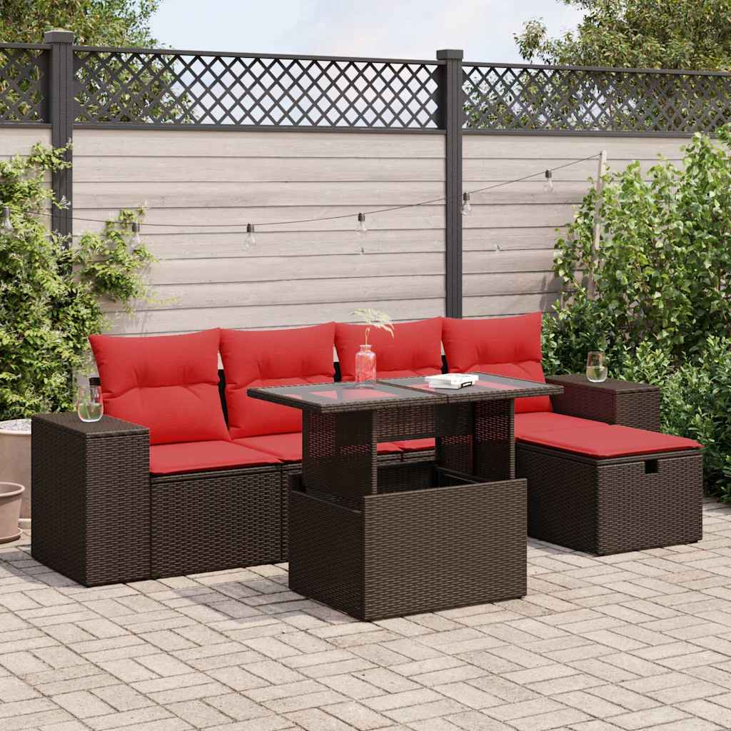 6 Pcs conjunto sofás jardim c/ almofadões vime PE castanho