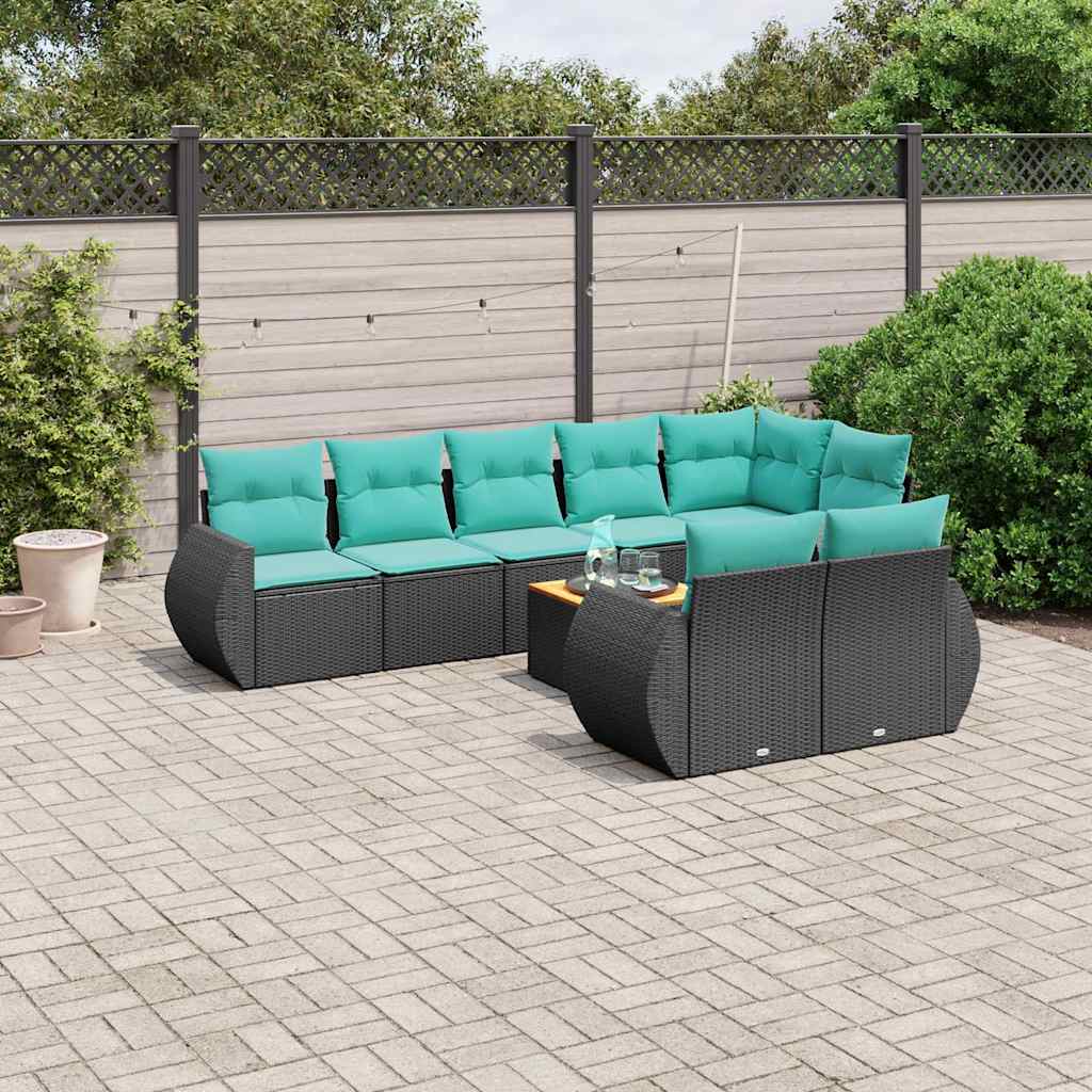 Conjunto de sofá de jardim de 9 peças com almofadas em rattan sintético preto