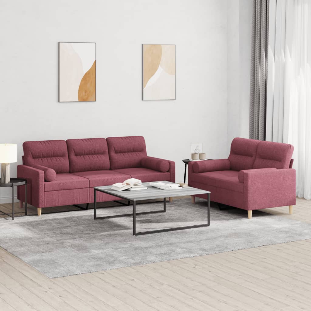 2 Pcs conjunto de sofás com almofadas tecido vermelho-tinto