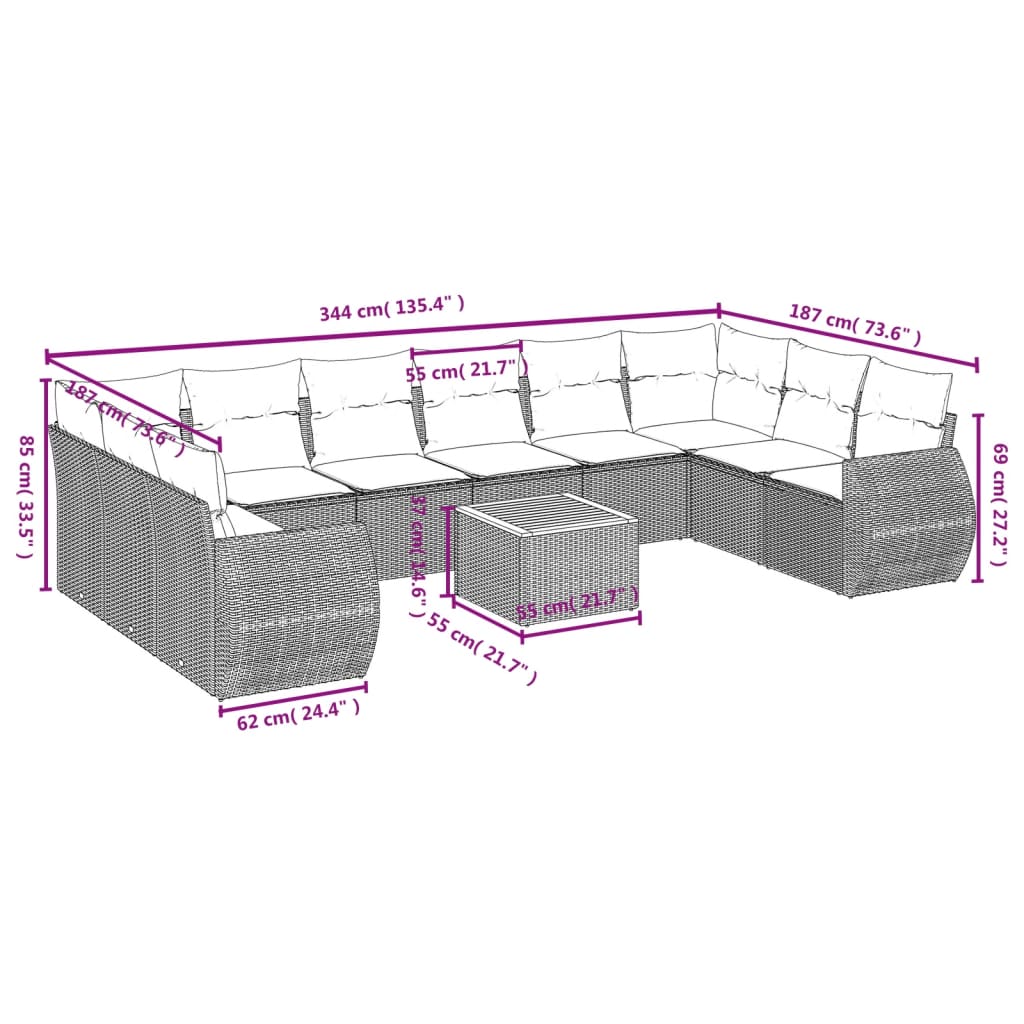 11 Pcs conjunto sofás de jardim c/ almofadões vime PE preto