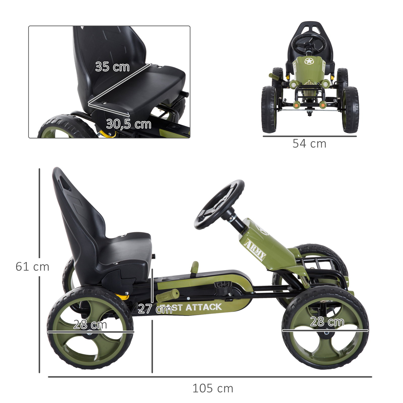 Go-kart a pedais para crianças acima de 3 anos com freio embreagem assento ajustável máx. 35 kg 105x54x61cm verde