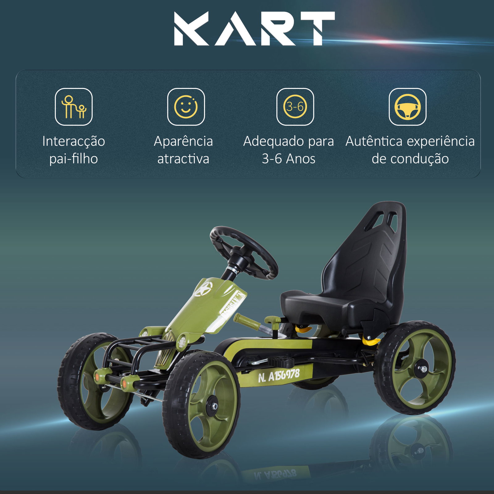 Go-kart a pedais para crianças acima de 3 anos com freio embreagem assento ajustável máx. 35 kg 105x54x61cm verde
