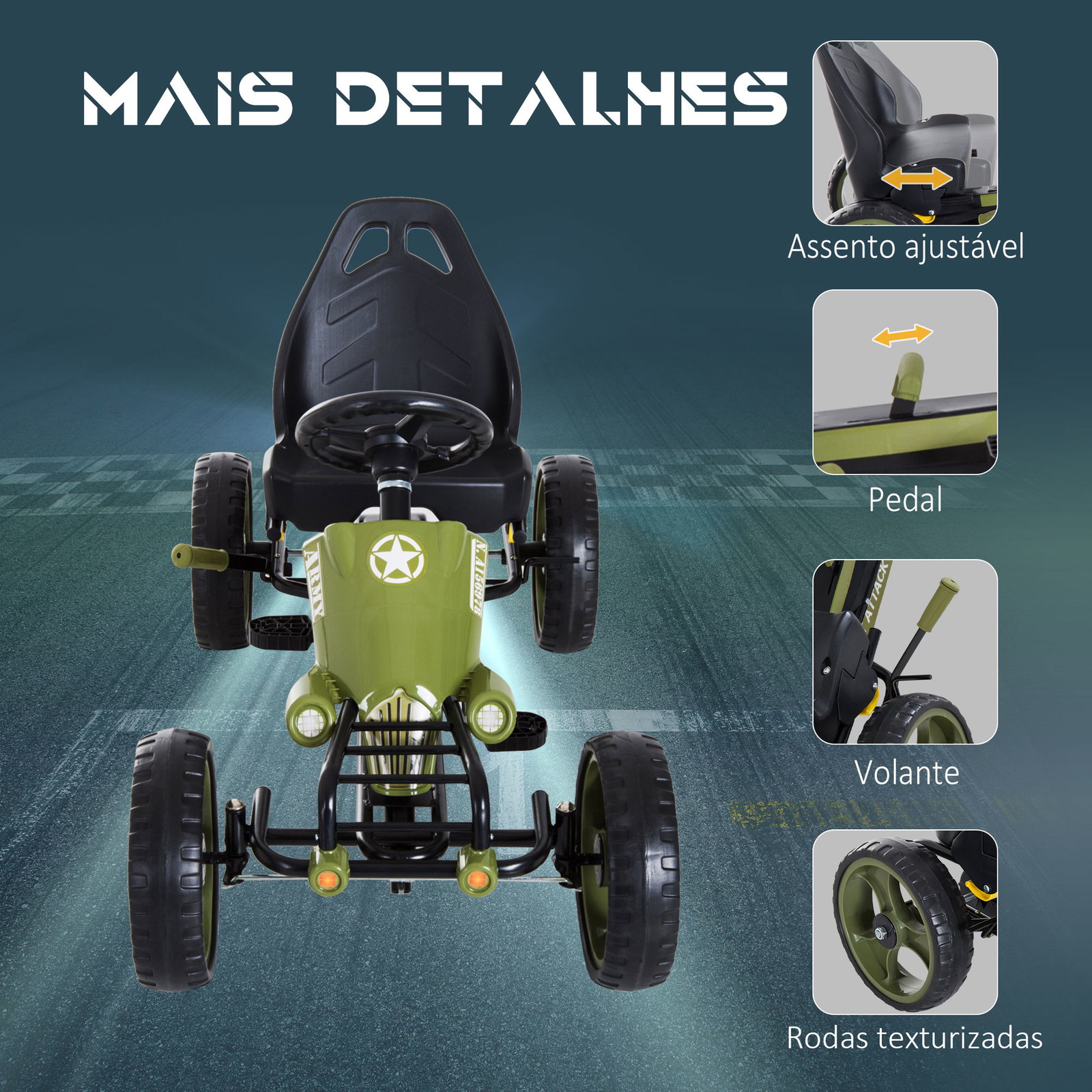 Go-kart a pedais para crianças acima de 3 anos com freio embreagem assento ajustável máx. 35 kg 105x54x61cm verde