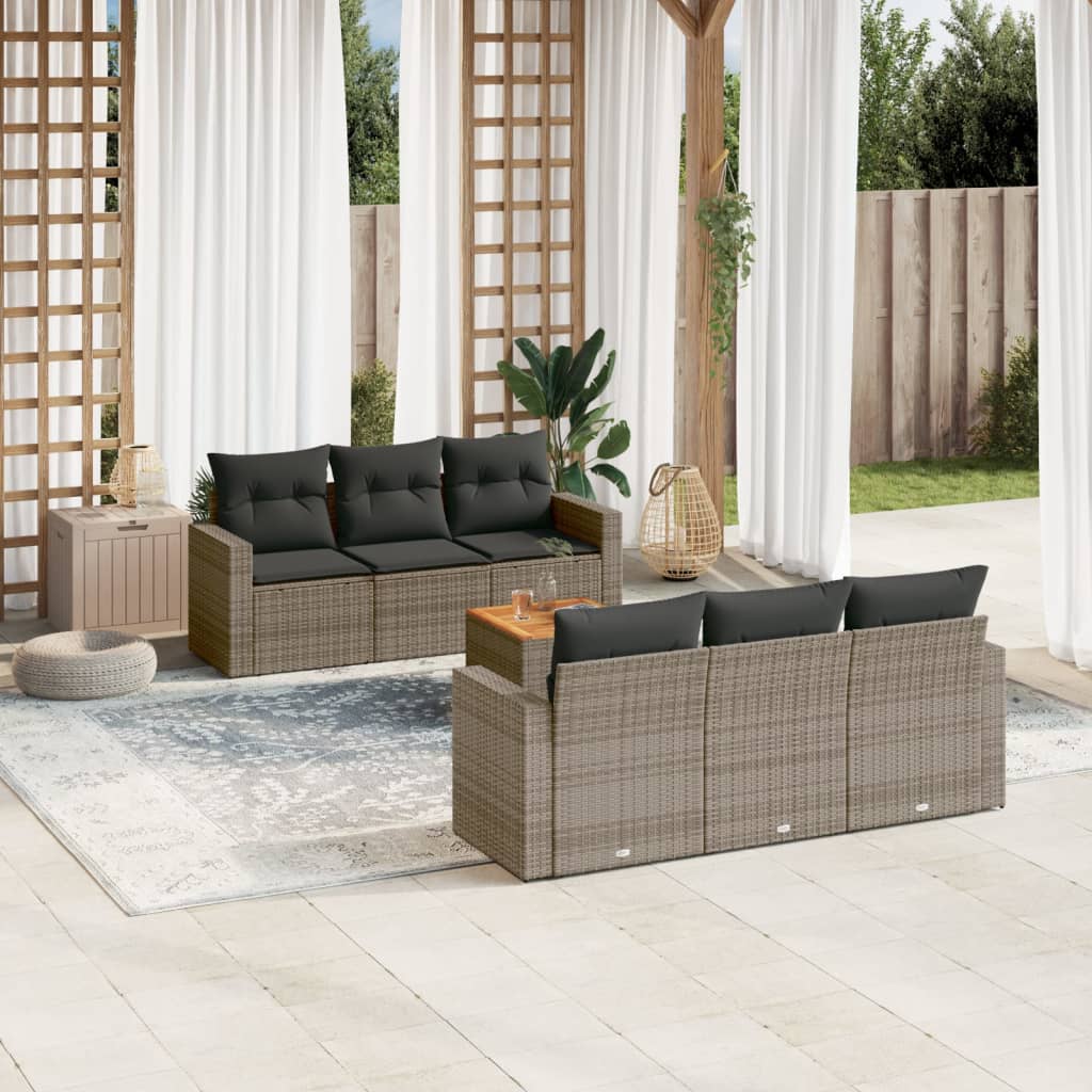 7 Pcs conjunto sofás p/ jardim c/ almofadões vime PE cinzento