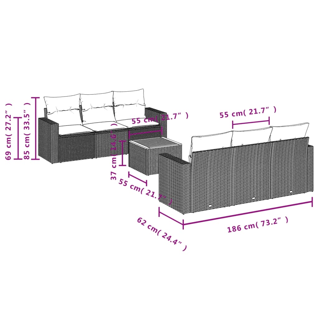 7 Pcs conjunto sofás p/ jardim c/ almofadões vime PE cinzento