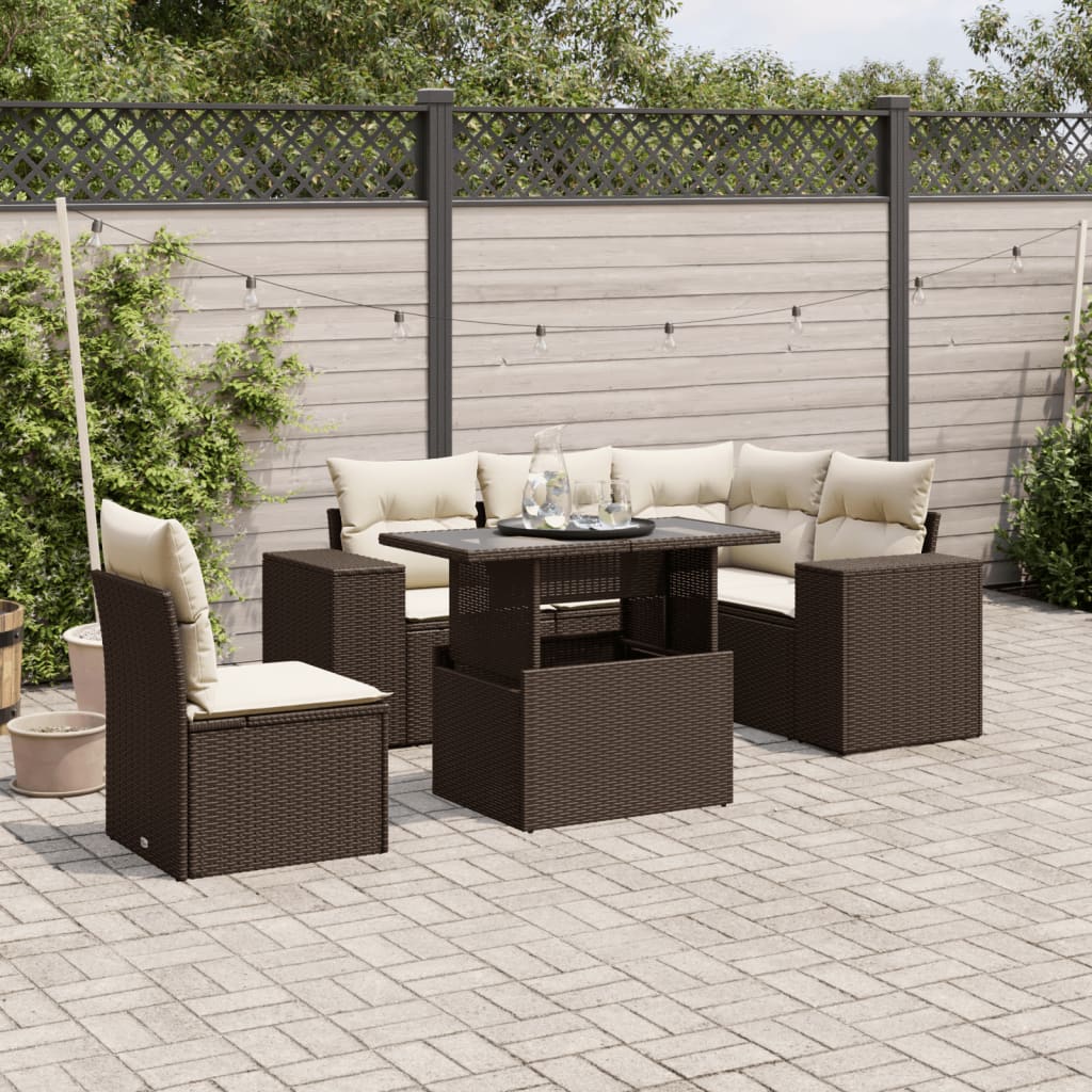 6 Pcs conjunto de sofás jardim c/ almofadões vime PE castanho