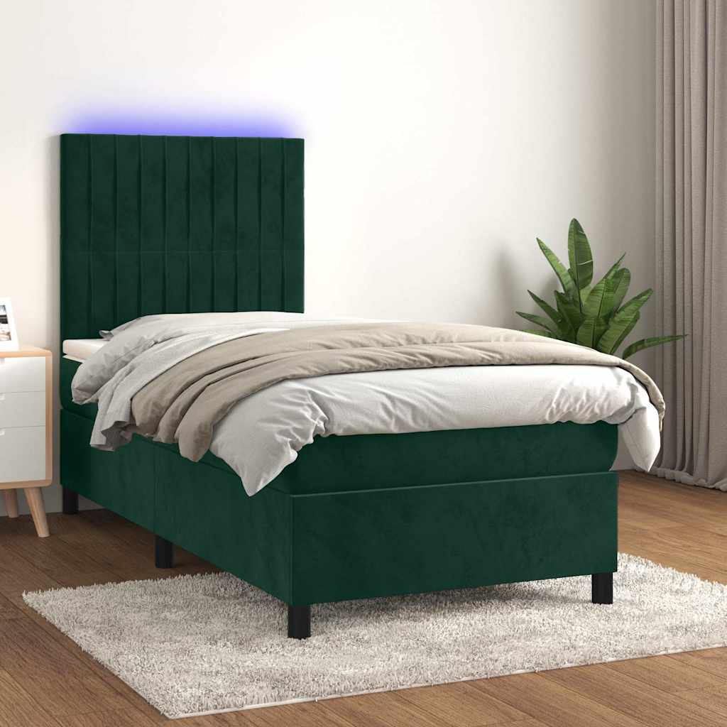Cama box spring c/ colchão/LED 80x200 cm veludo verde-escuro