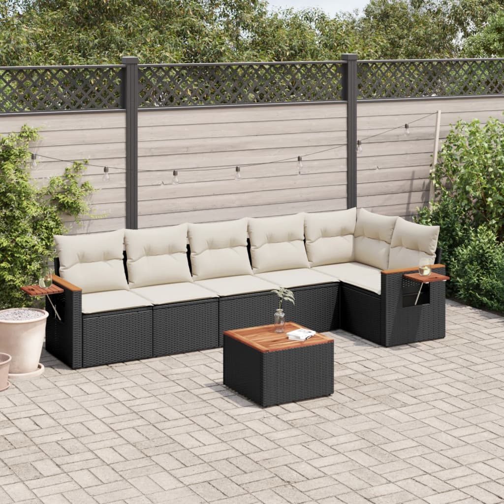 7 Pcs conjunto de sofás p/ jardim c/ almofadões vime PE preto