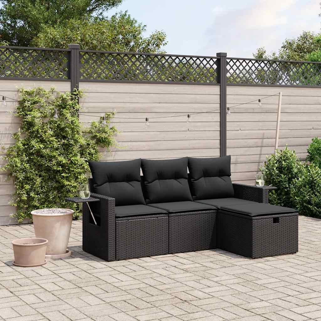 4 Pcs conjunto de sofás para jardim c/ almofadões vime PE preto