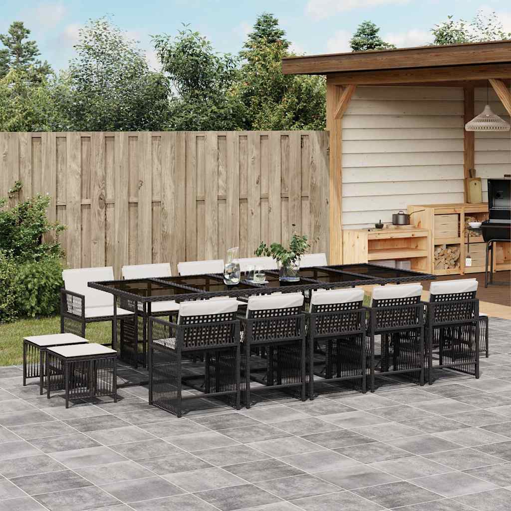 15 Pcs conjunto de jantar p/jardim com almofadões vime PE preto