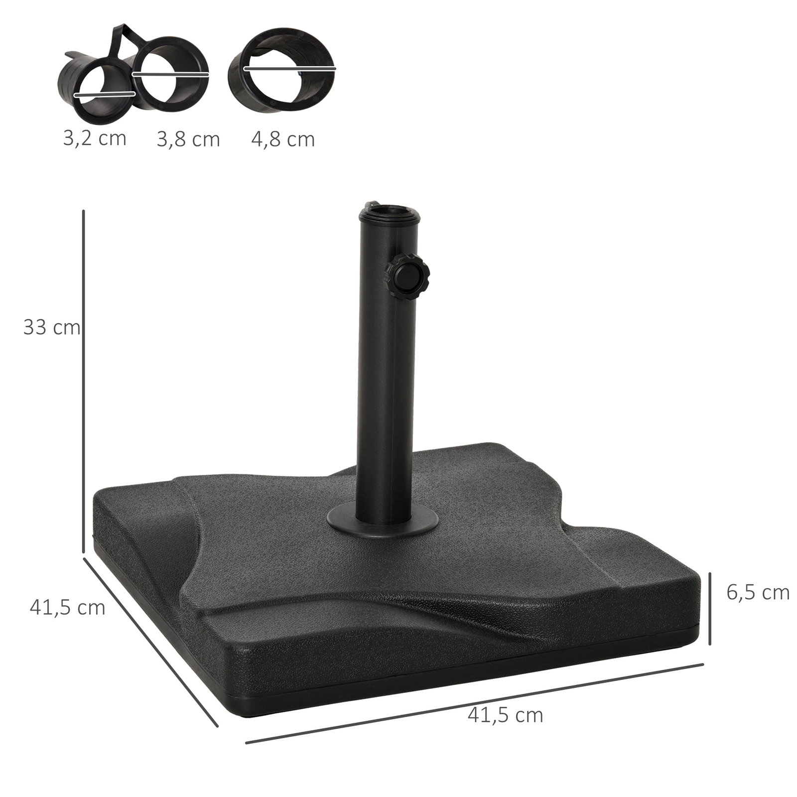 Base para chapéu de sol quadrada suporte para chapéu de sol para mastros com diámetro de 30mm 35mm e 38mm 41,5x41,5x35cm preto